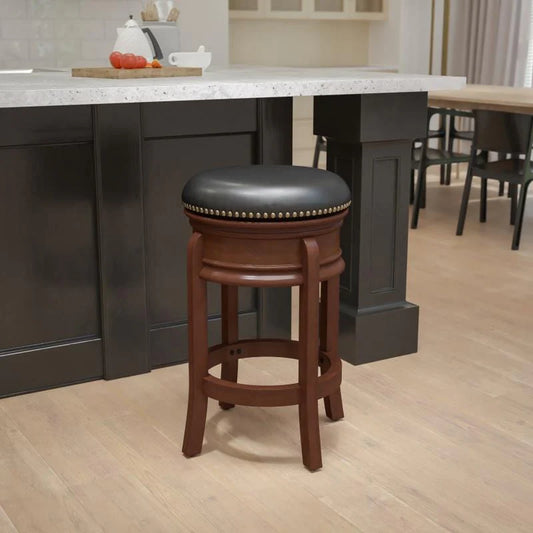 Flash Furniture 29'' High Backless Cappuccino Wood Barstool with Carved Apron and Black LeatherSoft Swivel Seat