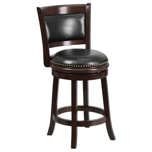 Flash Furniture 29'' High Cappuccino Wood Barstool with Panel Back and Black LeatherSoft Swivel Seat