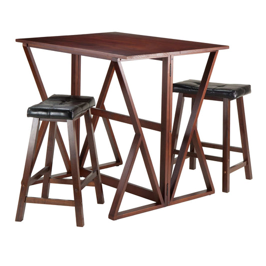 WINSOME Pub Table Set Harrington 3-Pc Drop Leaf Table with Cushion Saddle Seat Counter Stools, Walnut and Black