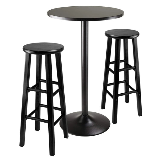 WINSOME Pub Table Set Obsidian 3-Pc Round Pub Table and Round Seat Bar Stools, Black