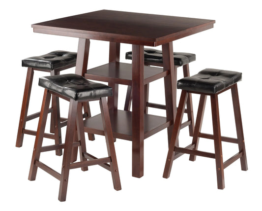 WINSOME Pub Table Set Orlando 5-Pc High Table with Cushion Seat Counter Stools, Walnut and Black